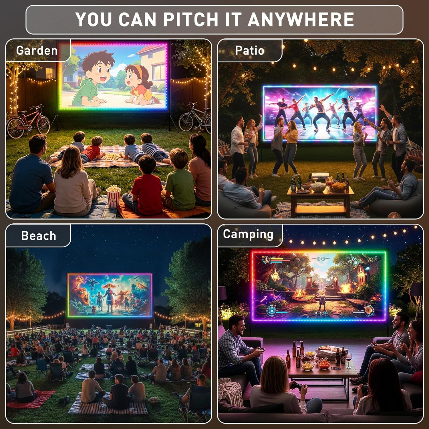 Detalle de 150 Inch Projector Screen with Stand with USB String Lights: Large Indoor/Outdoor 16:9 4K-Ready Display