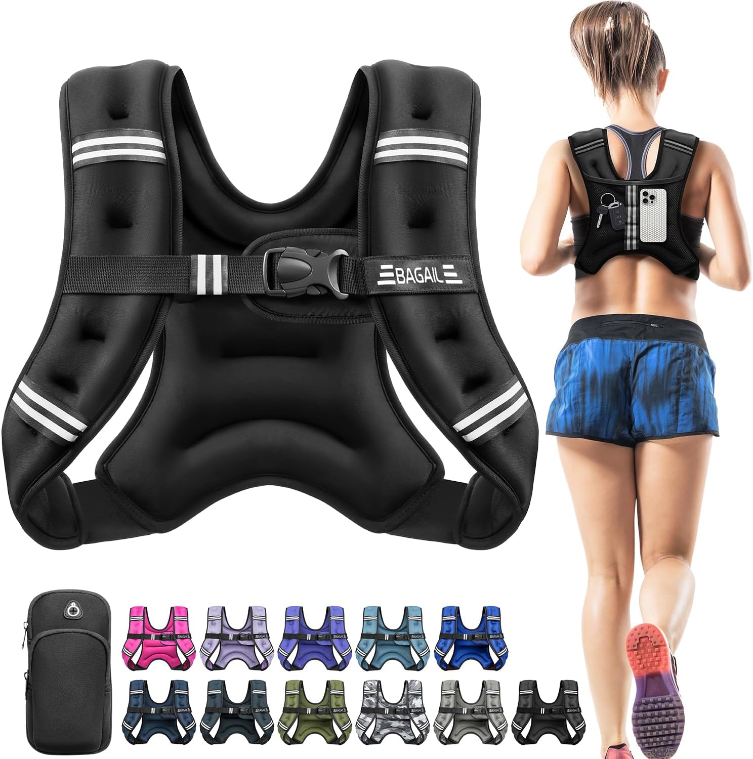 Detalle de BAGAIL Comfort-Fit Weighted Vest for Women (Detachable Phone Pouch, Reflective Stripes, 5–30 lbs)