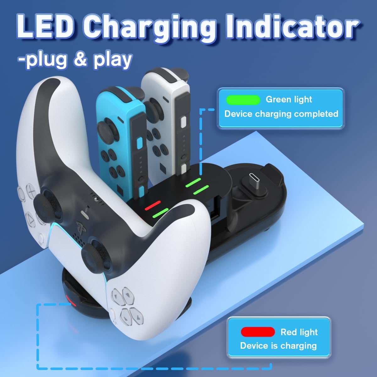 Detalle de Switch Controller Charger Dock: 6-in-1 Charging Station for Nintendo Switch, Pro, Joy-Con & PS5 Controller