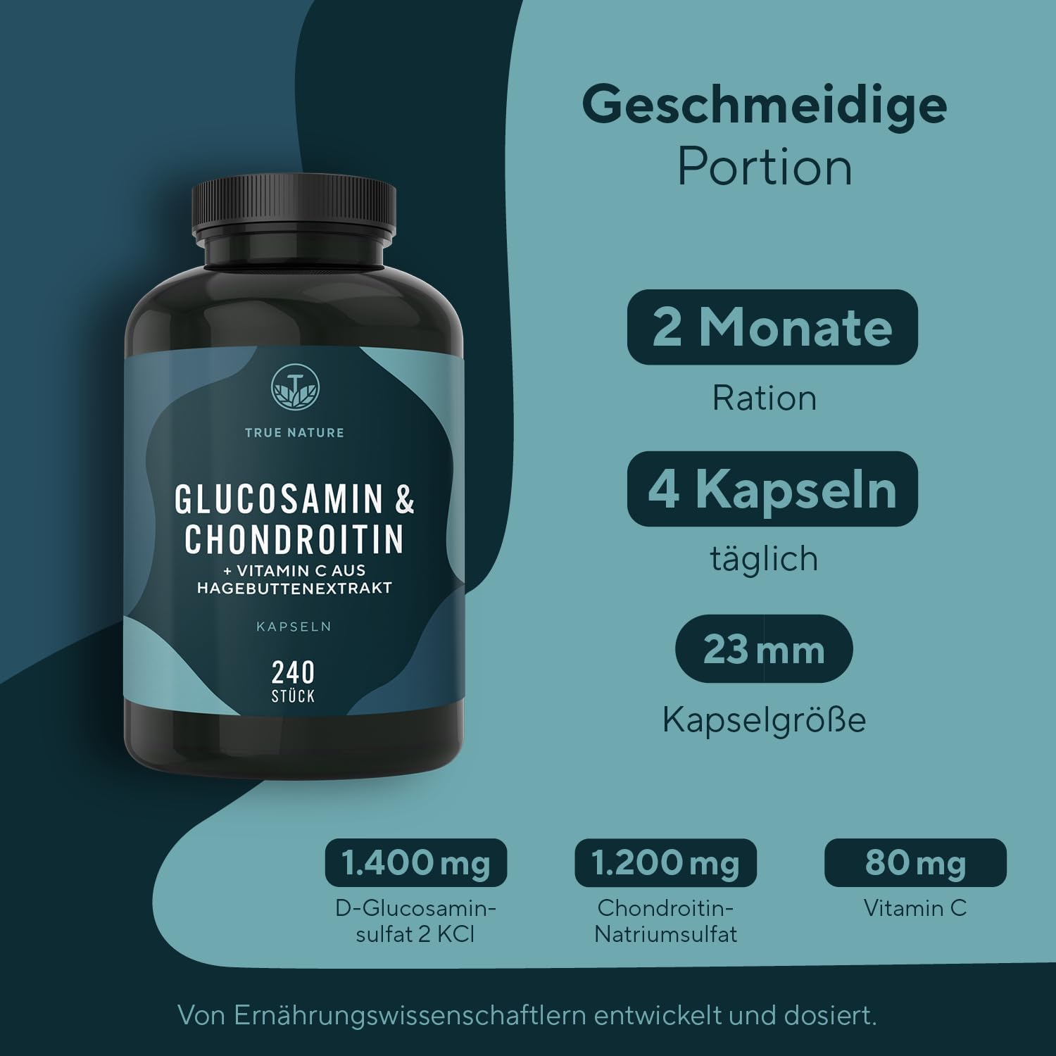 Detalle de True Nature Glucosamin Chondroitin hochdosiert – 240 Kapseln mit Vitamin C für die tägliche Tagesportion