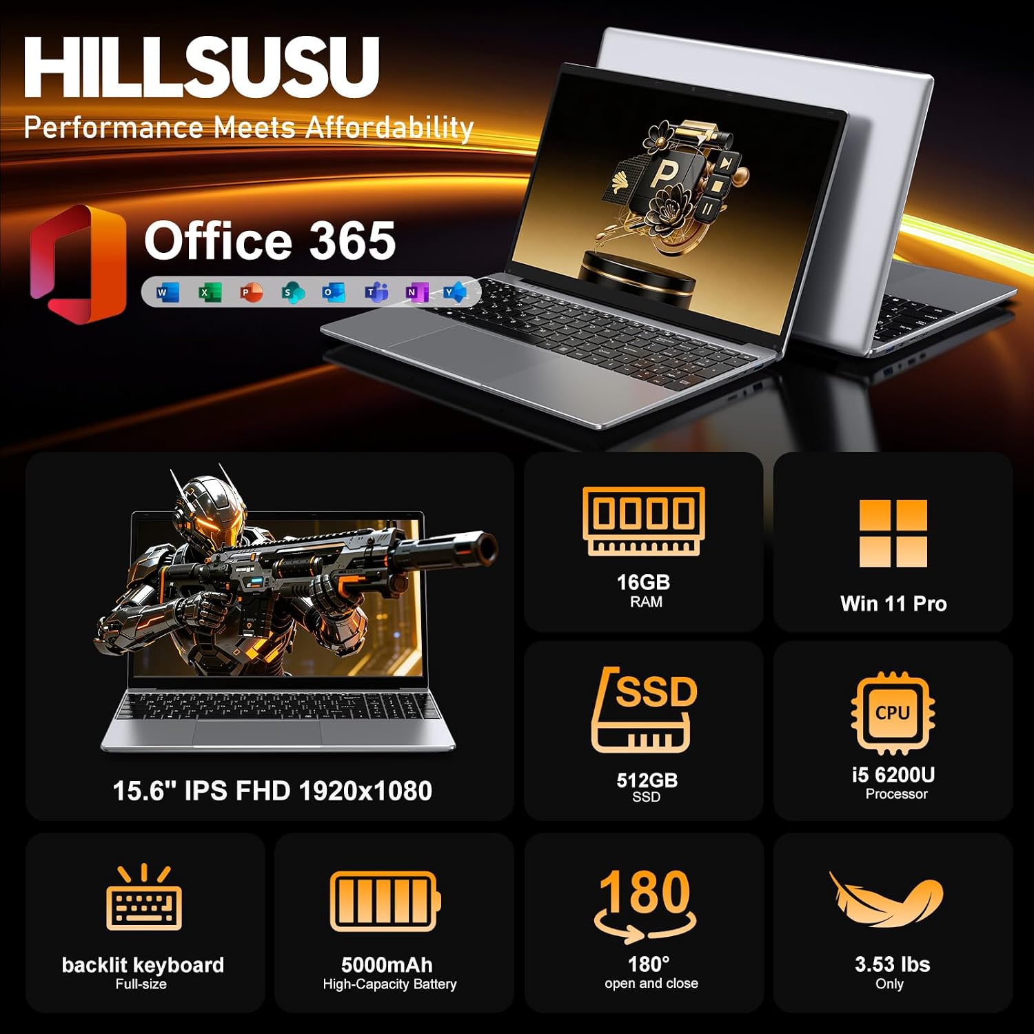 Detalle de HILLSUSU NY-18 15.6-Inch FHD Laptop, 16GB RAM, 512GB SSD