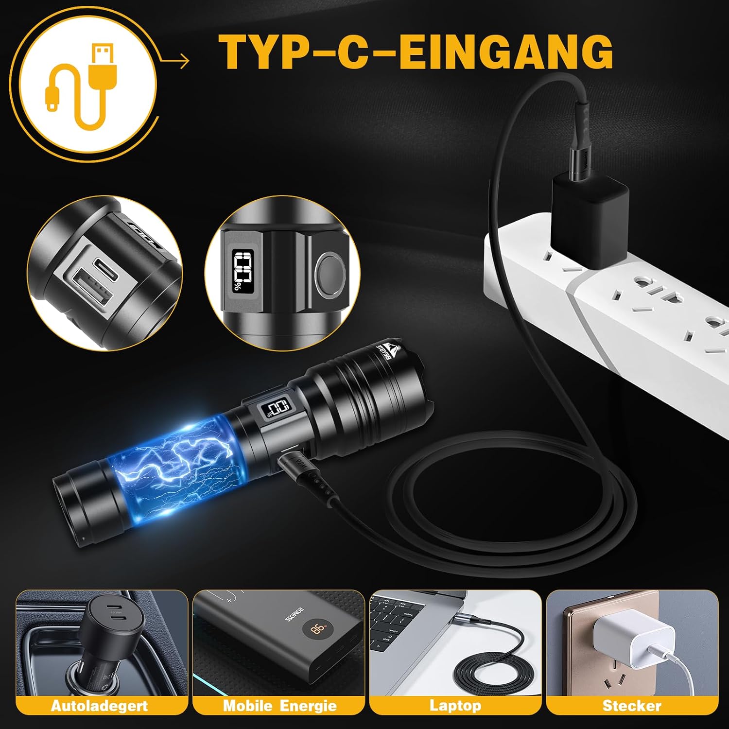 Thumbnail 6 de BEYSTE A15 led-zaklamp van aluminium, oplaadbaar met zoom en IPX6