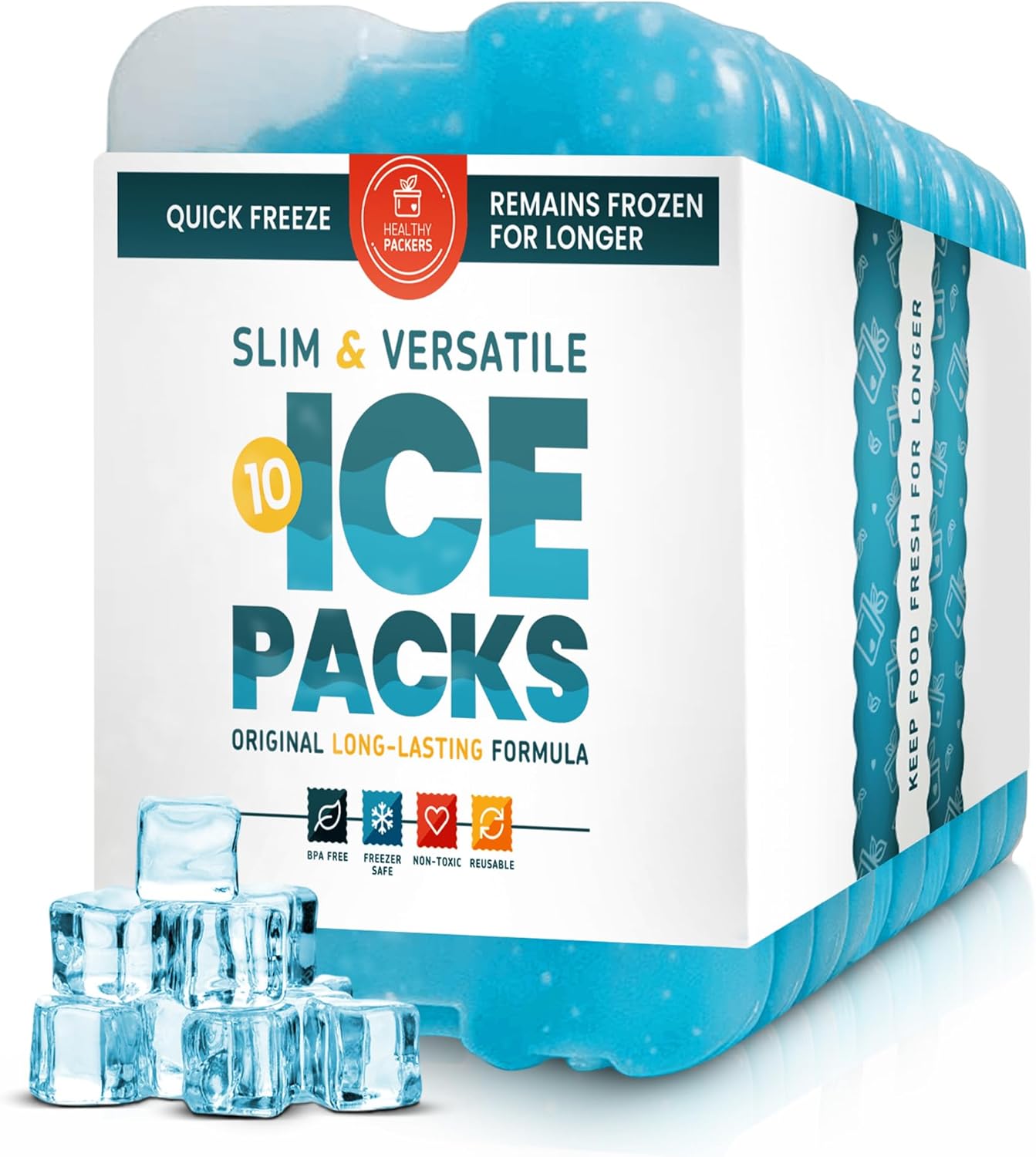 Healthy Packers Slim Reusable Gel Ice Packs (Set of 10) for Lunch Boxes & Coolers