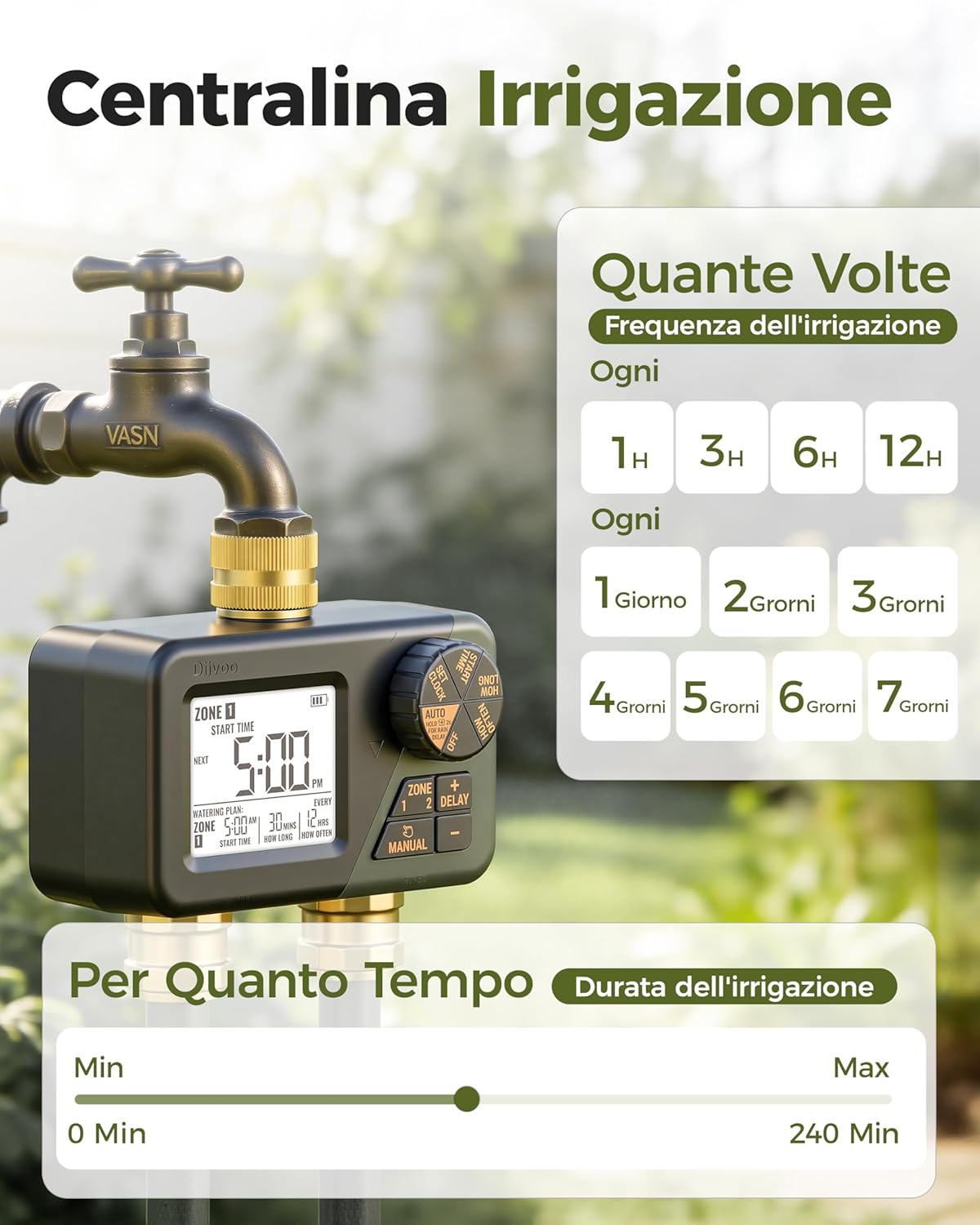 Thumbnail 1 de Diivoo Ottone Timer Irrigazione: Centralina a 2 Vie IP66 con Ritardo Pioggia e Controllo Manuale