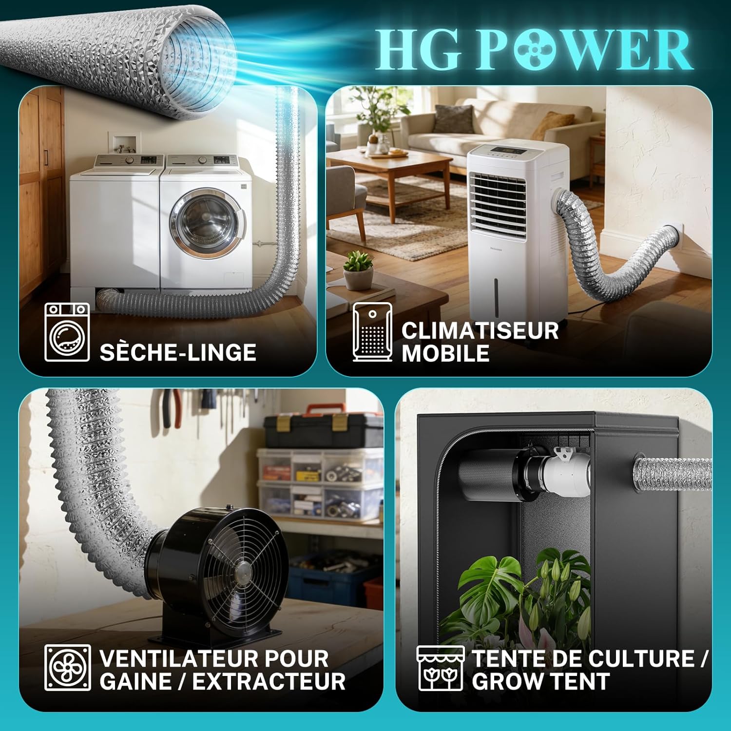 Detalle de HG Power Tuyau de Ventilation Flexible 150 mm x 2 m – Conduit d'Air en Feuille d'Aluminium Épaissie pour Sèche-Linge, Extracteur d'Air, Chauffage et Climatisation