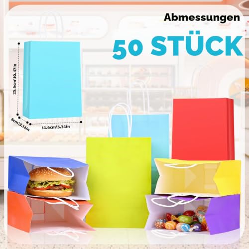 Thumbnail 1 de HOMIKLSA 50 Stück Geschenktüten mit Griffen 21 x 15 x 8 cm – bunte Kraftpapier-Tüten, kleine Größe