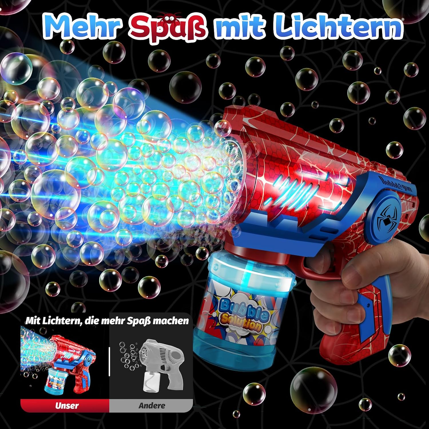 Detalle de Seifenblasenmaschine Kinder Automatische Seifenblasen Pistole mit LED-Licht (110 ml) – Blau/Rot