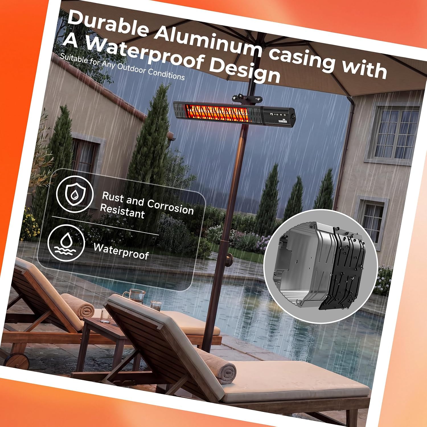 Detalle de Sundate T17-GW15B Outdoor Patio Heater, 1500W Carbon Fiber, Wi-Fi Control