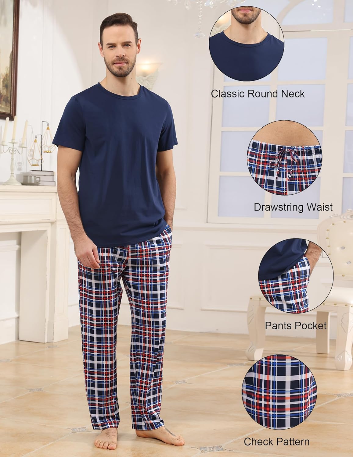 Thumbnail 3 de TeJoyce Men's Pyjamas Set: Cotton Short Sleeve Top & Plaid Long Pants (2-Piece) for Lounge and Sleep