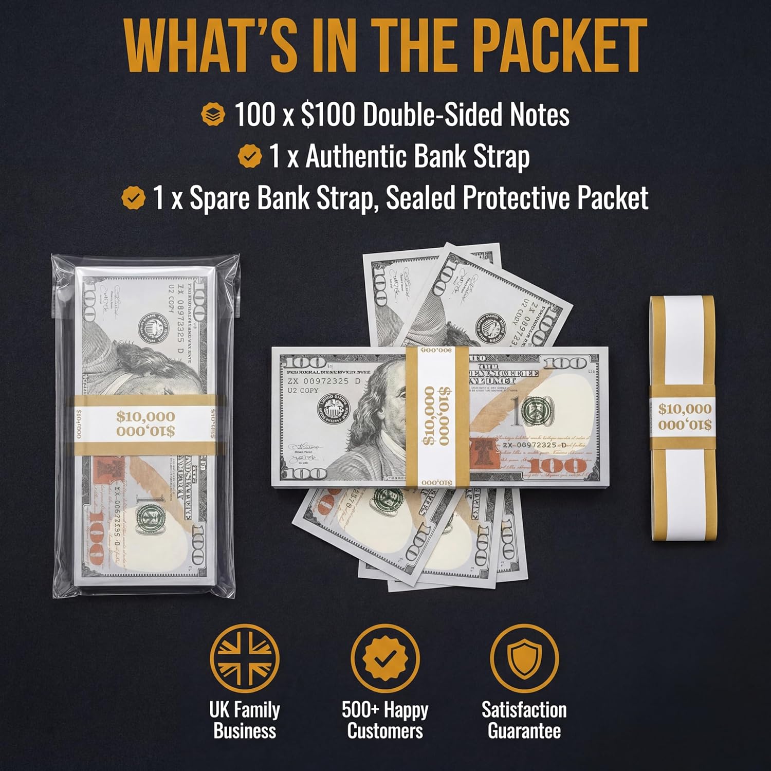 Thumbnail 3 de Big Screen Stacks prop money fake dollars ($10,000 full print) – 100 double-sided notes for film, TV, photography & more (UK)