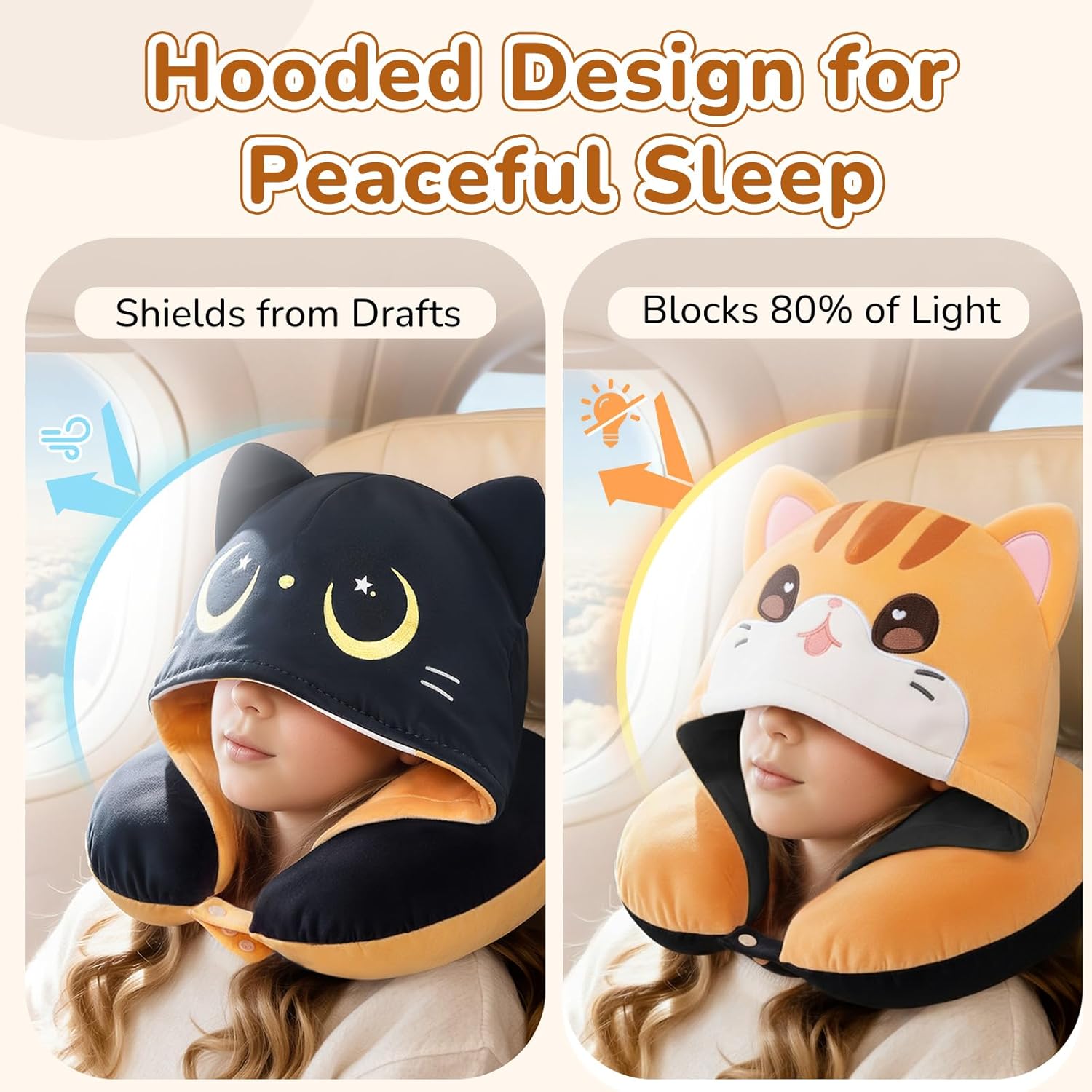 Detalle de Mewaii Oreiller de Voyage avec Capuche — Coussin de Nuque en forme de chat, mousse à mémoire de forme, noir