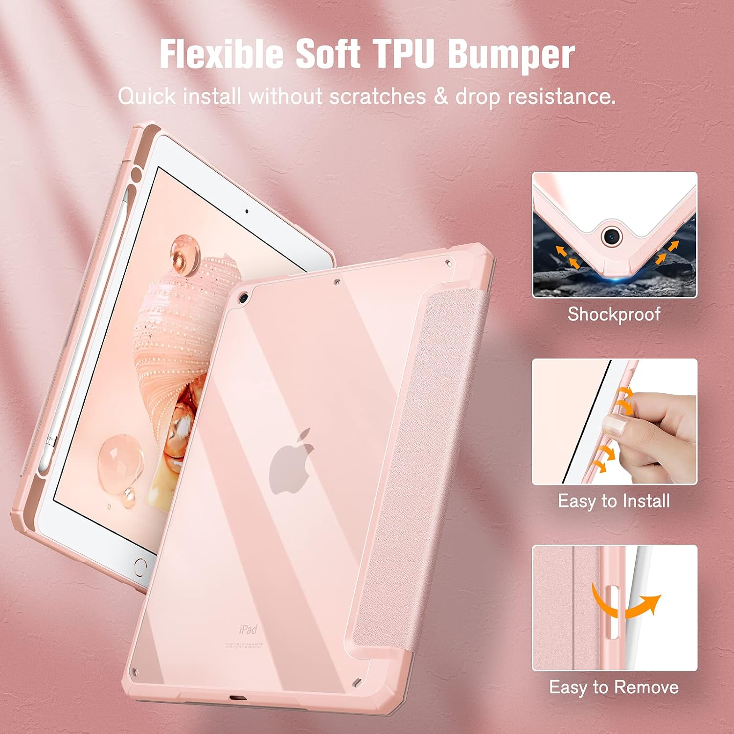 Detalle de Fintie Hybrid Hülle für 10,2 Zoll iPad (9./8./7. Gen) mit Stifthalter – stoßfester Schutz in Roségold