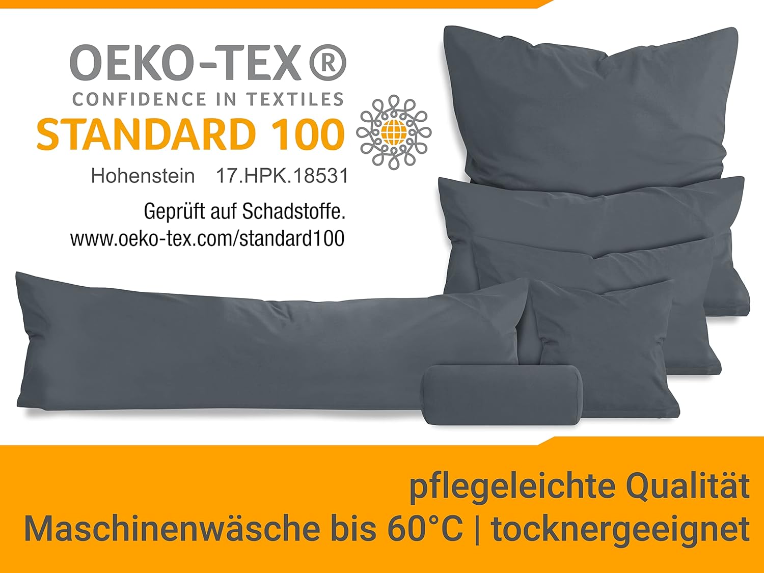 Detalle de npluseins Lot de 2 Housse de Coussin pour traversin 40x145 cm en Coton Jersey – Anthracite