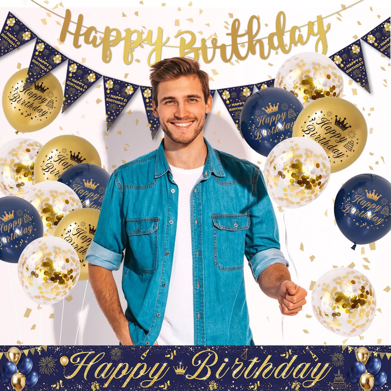 Thumbnail 6 de Birthday Decorations for Men – Blue & Gold Party Set with Happy Birthday Banner