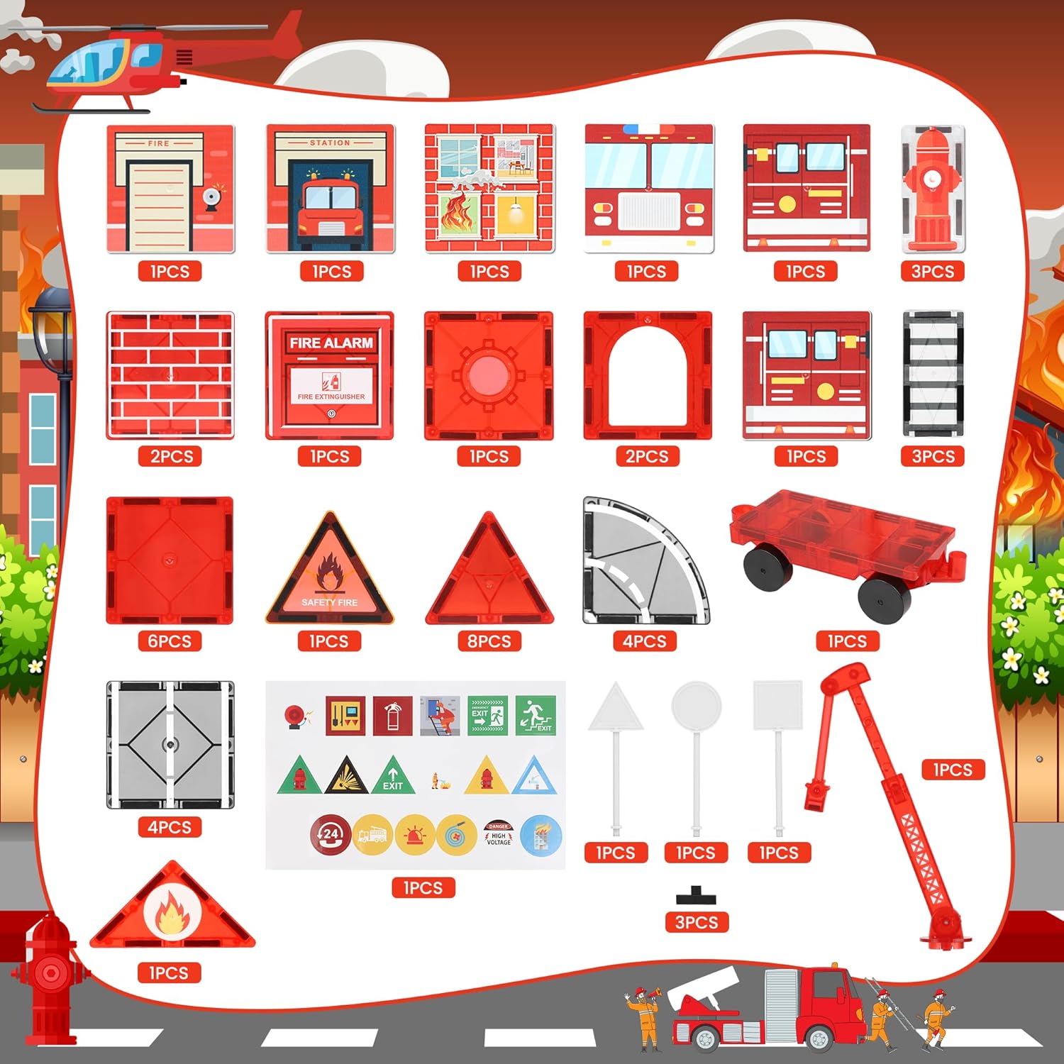 Detalle de Magnetic Tiles Road Set with Fire Truck — Creative STEM Building Toys for 3–12 Year Olds