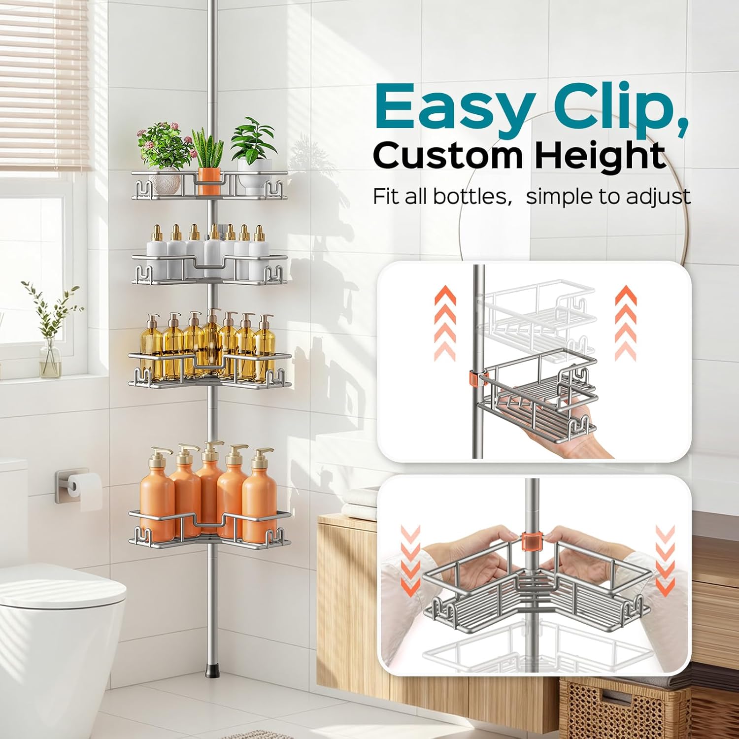 Thumbnail 5 de HAMITOR Telescopic Shower Caddy Corner: 4-Tier No-Drill Rustproof Storage for Renters