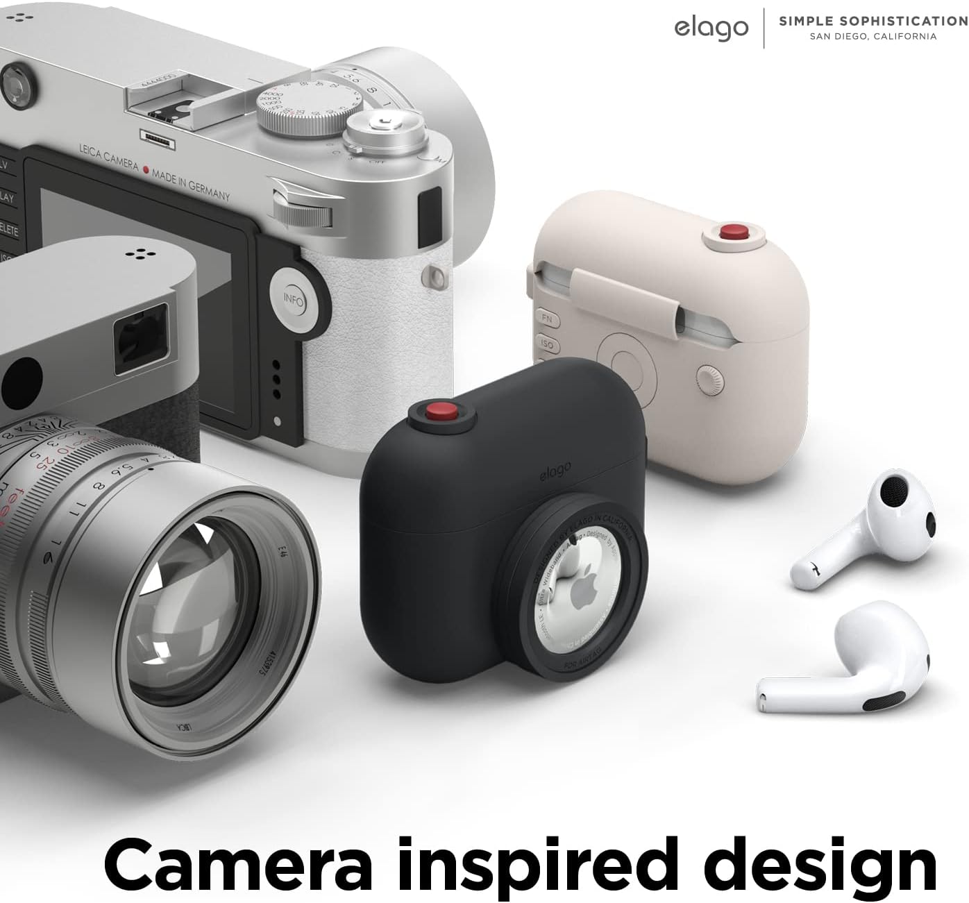 Detalle de elago Coque instantanée pour AirPods 3 avec emplacement AirTag et porte-clés (design classique appareil photo) – Noir