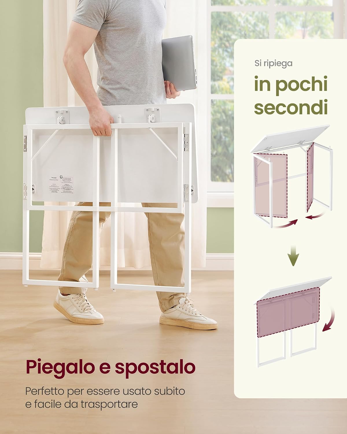 Detalle de VASAGLE Scrivania per Computer Pieghevole LWD151WF01 — Piano unico, 80 x 40 cm, bianco neve