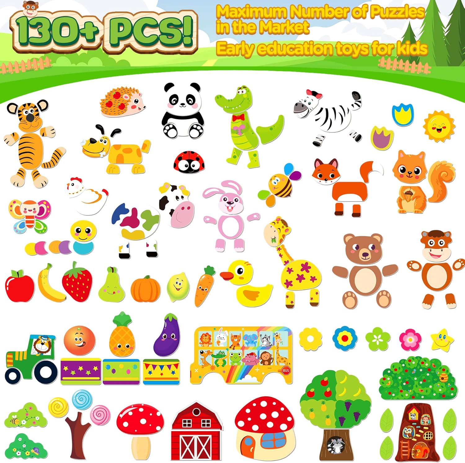 Thumbnail 3 de Jojoin 130 PCS Wooden Magnetic Puzzle Double-Sided Magnetic Drawing Board (Cute Animal, Fruit & Bus Design)