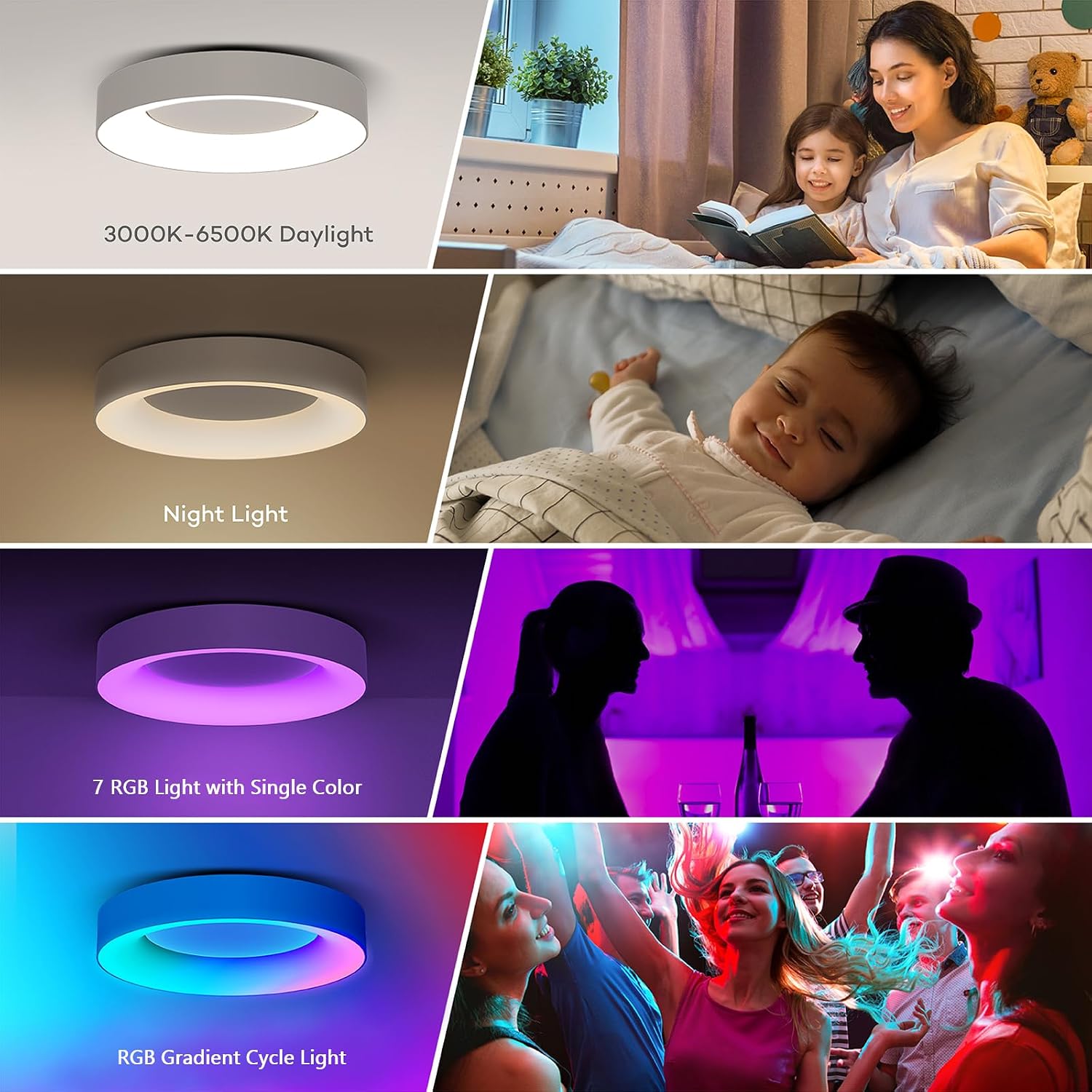 Detalle 2 de Matane Matane RGB LED Flush Ceiling Light (24W) with Remote, Dimmable 3000K–6500K, 11 Inch White