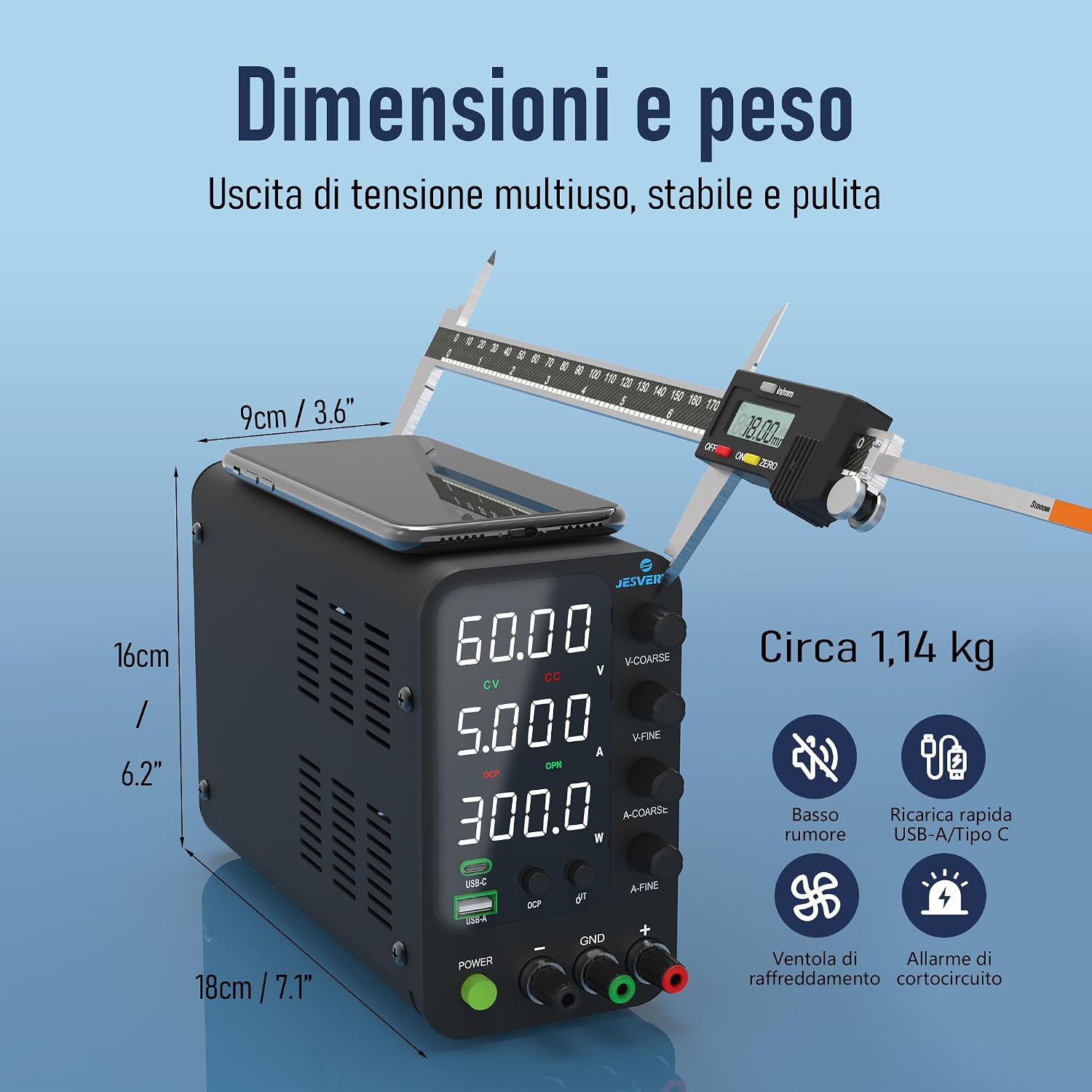 Detalle de Alimentatore CC variabile da banco commutabile SPS-6005V con uscita ON/OFF e ricarica USB-C/Type-A 20W