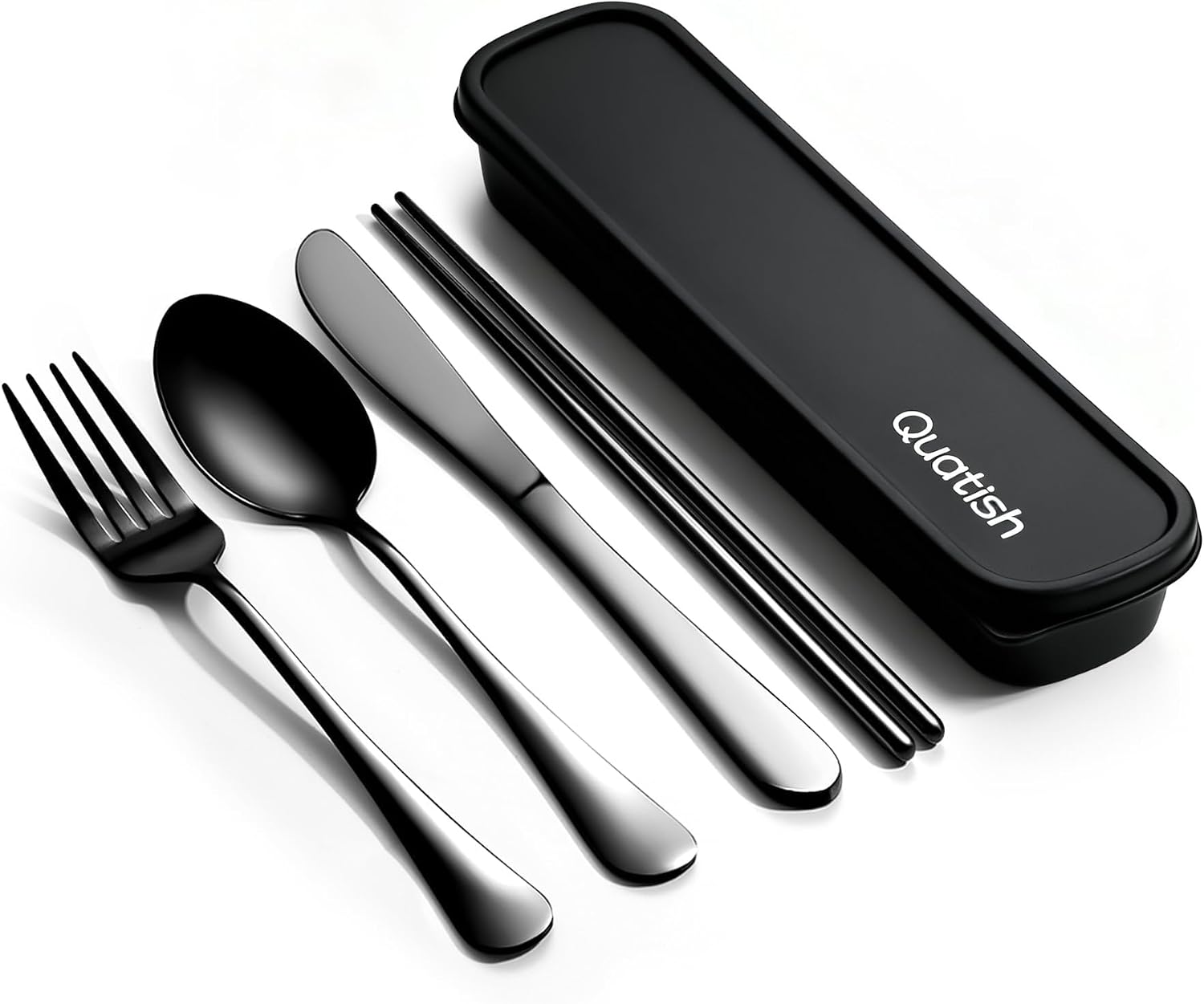 Detalle de Travel Utensils with Case (Quatish) 5-Piece 18/8 Stainless Steel Cutlery Set for Work, Picnic & Camping (Black)