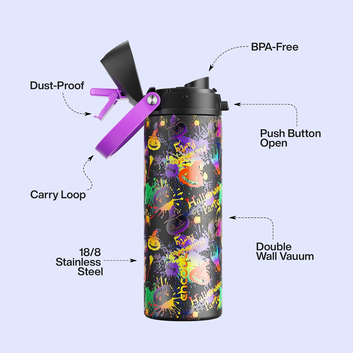 Thumbnail 2 de Encool Insulated Water Bottle with Straw (24 oz, Ghost Party) – Stainless Steel, Leak-Proof, BPA-Free