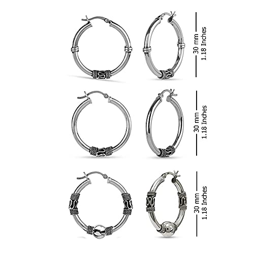 Detalle de LeCalla Lot de 3 boucles d'oreilles créoles balinaises légères en argent sterling – taille moyenne 30 mm