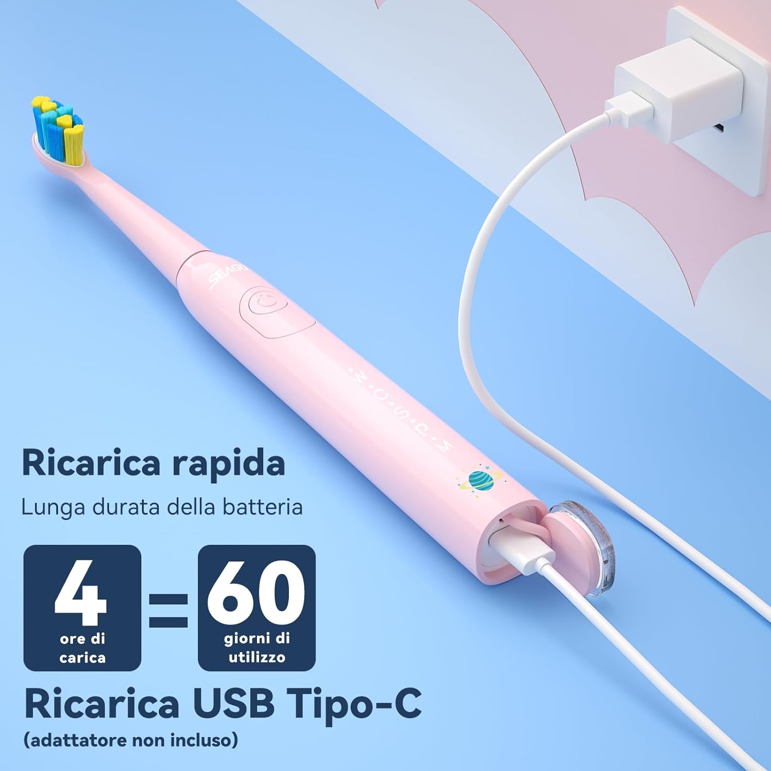 Thumbnail 5 de Seago Spazzolino Elettrico Bambini 6-12 anni SG-2303 rosa con timer da 2 minuti e 8 testine