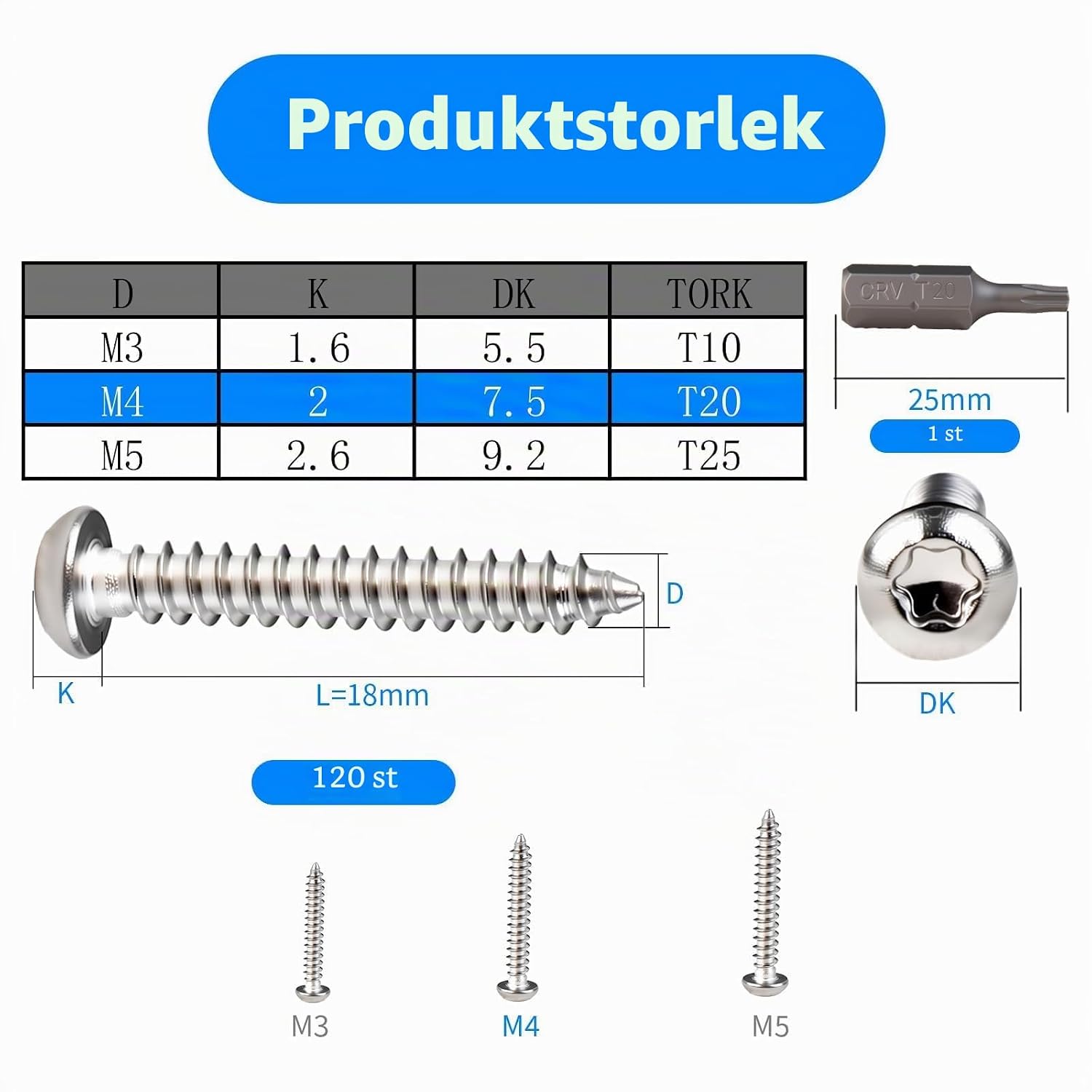Detalle 2 de msymsyu MSY-018-11 självgängande skruv M4 x 18 mm, rostfritt stål 304, Torx