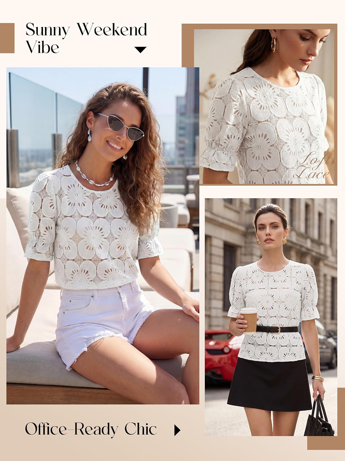 Thumbnail 6 de LUXVEER Women's Eyelet Tops Puff Short Sleeve Blouses with Floral Embroidery