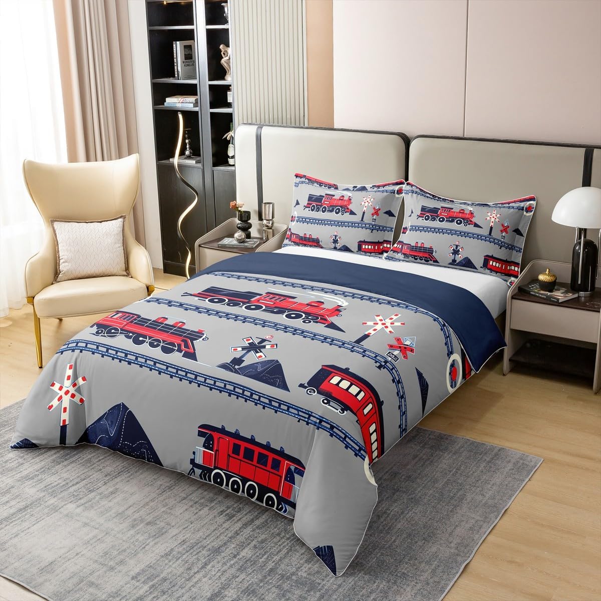Detalle de Netter Zug Bettbezug 135x200 aus 100% Baumwolle – Grau-Rot Dampflok mit Kinderdesign