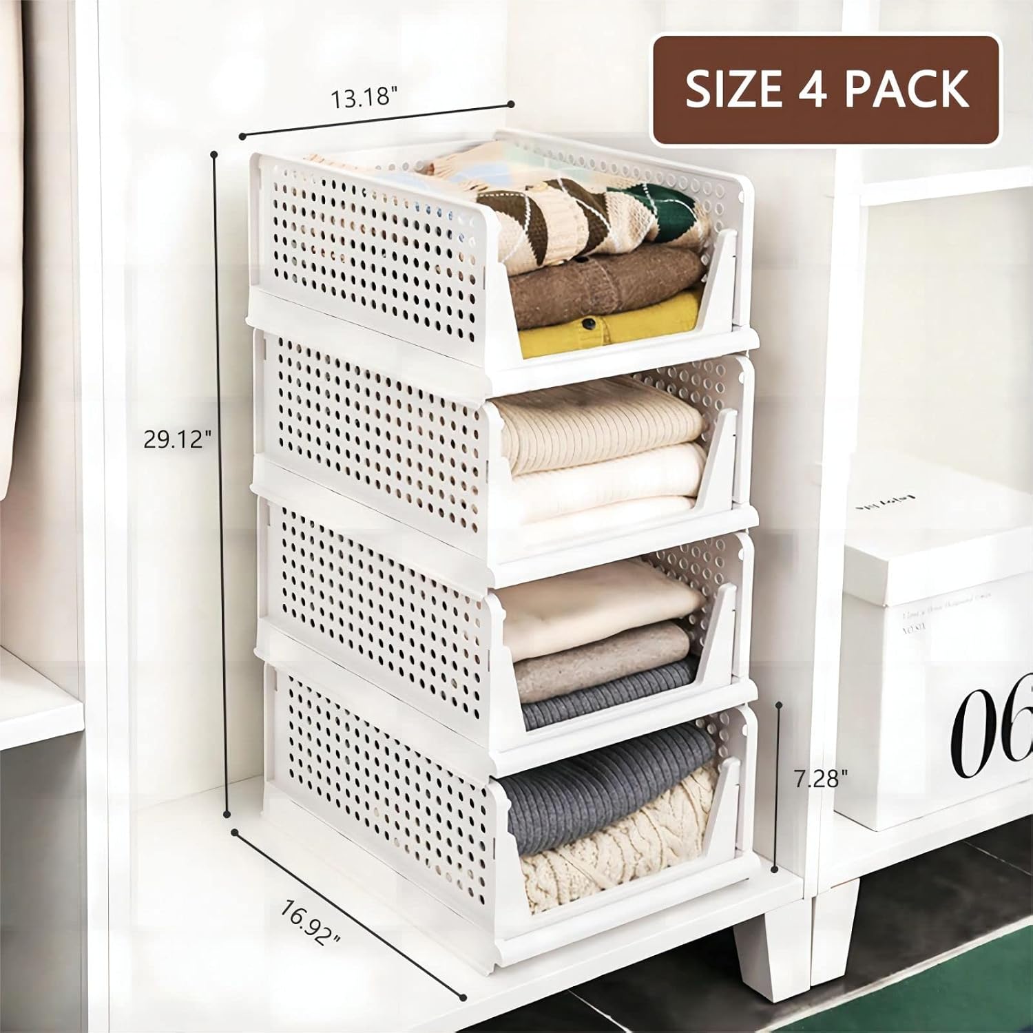 Detalle 2 de ZOINLIY Stackable Plastic Storage Baskets, 4-Pack Foldable Closet Organizers