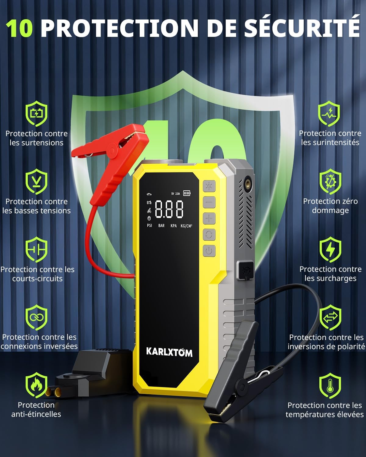 Thumbnail 5 de Karlxtom Booster Batterie Voiture 12V avec gonfleur 190 PSI, écran LCD et lampe LED 500 lm