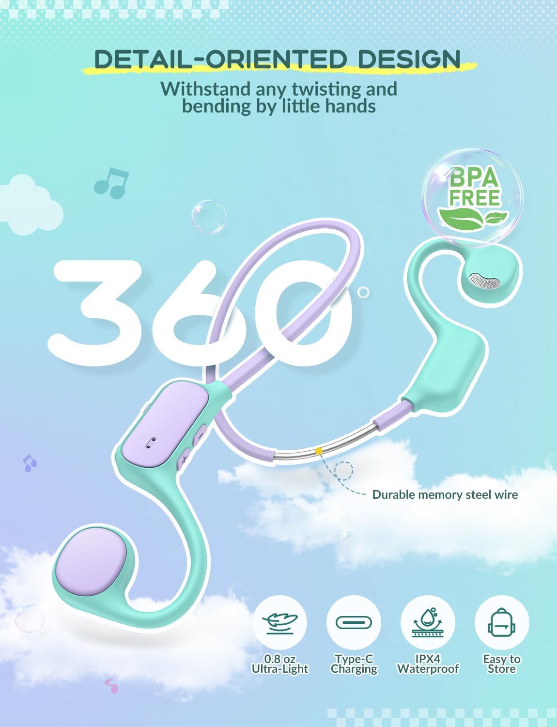 Thumbnail 2 de iClever Kids Wireless Open-Ear Headphones (Bluetooth 5.4) with 74/85dBA Safe Volume Limit, Purple Green
