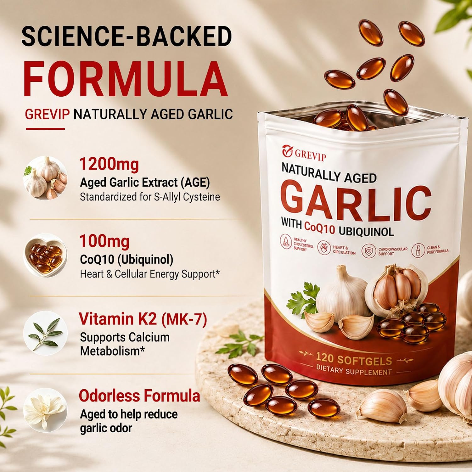 Detalle de GREVIP Aged Garlic Extract Softgels, 120 Count with CoQ10 and Vitamin K2