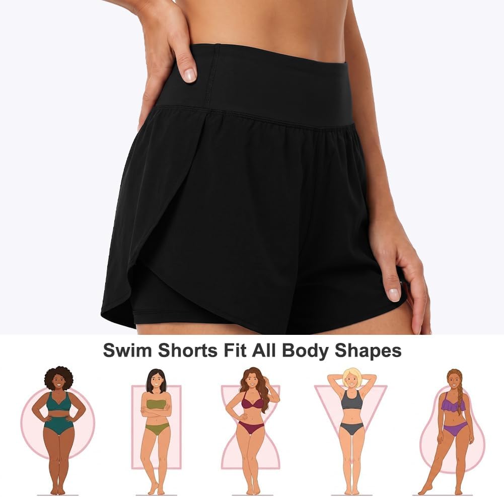 Thumbnail 3 de Aolso Short de Bain Femme - Boardshort Taille Haute à Séchage Rapide, Noir