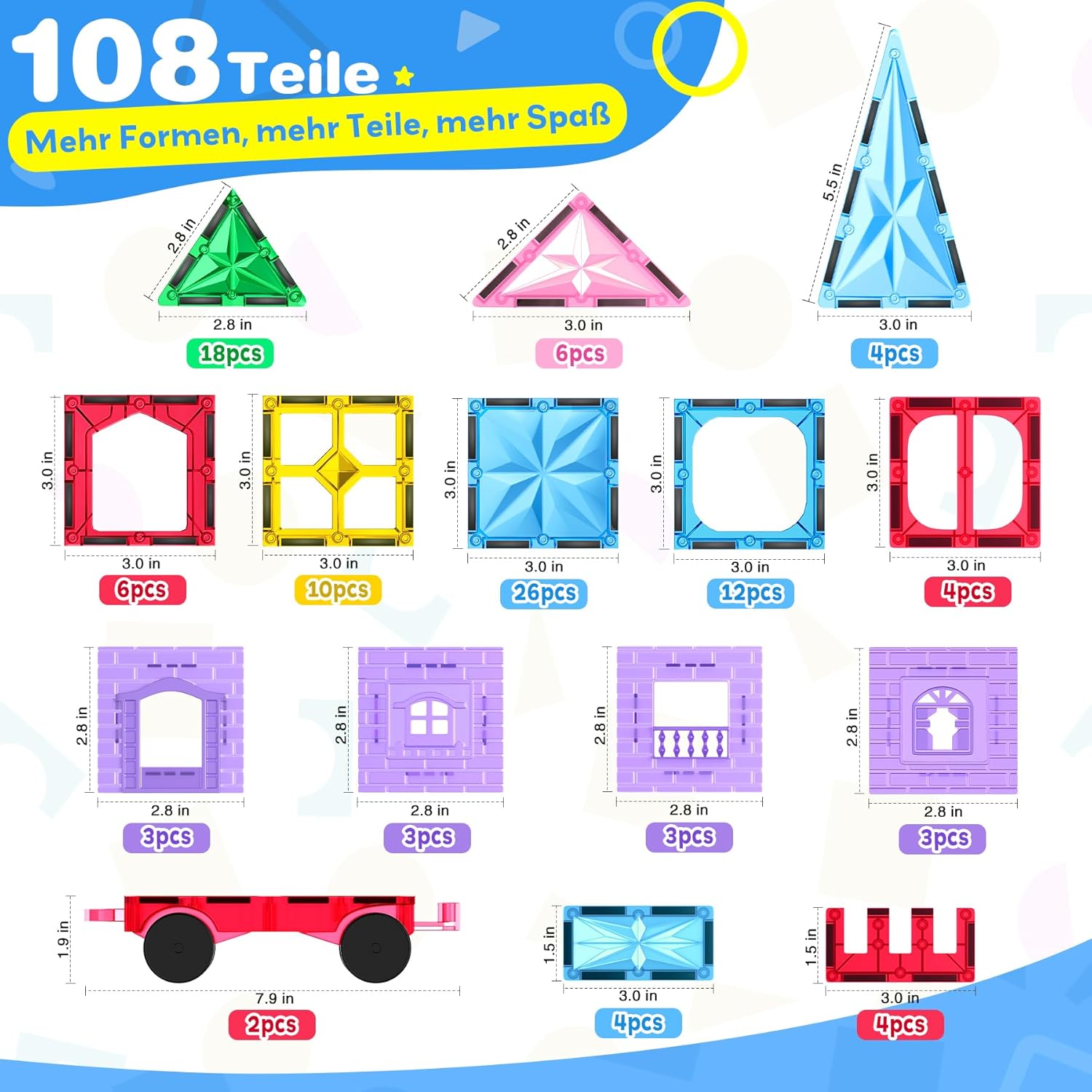 Thumbnail 4 de WOOBLO Magnetische Bausteine 108-teilig inkl. 2 Autos – Magnetkonstruktionsspiel für Kinder ab 3 Jahren