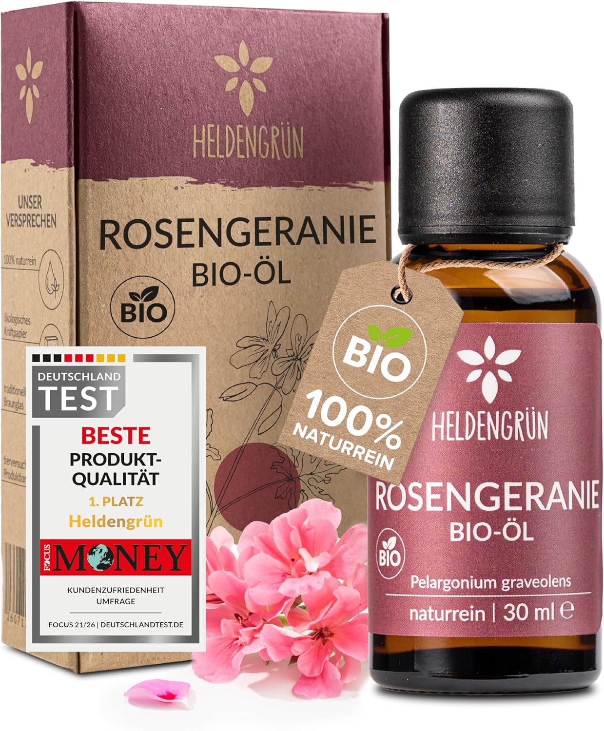 Detalle de Heldengrün® BIO Rosengeranienöl (100% naturrein) – echtes Rosenduft-Geranienöl für Kosmetik & Aromatherapie