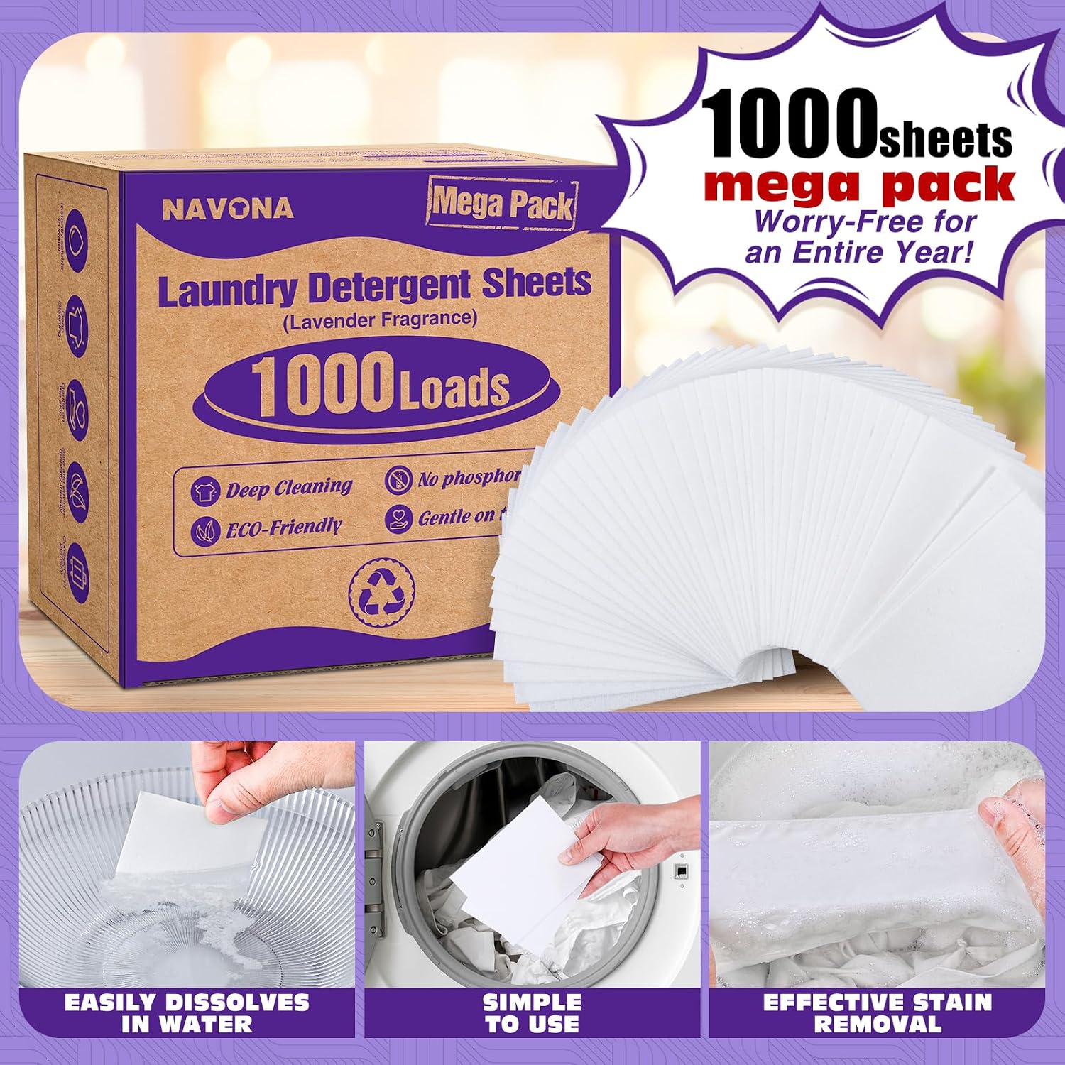 Detalle 2 de Navona 1000 Loads Mega Pack Laundry Detergent Sheets, Lavender Scent