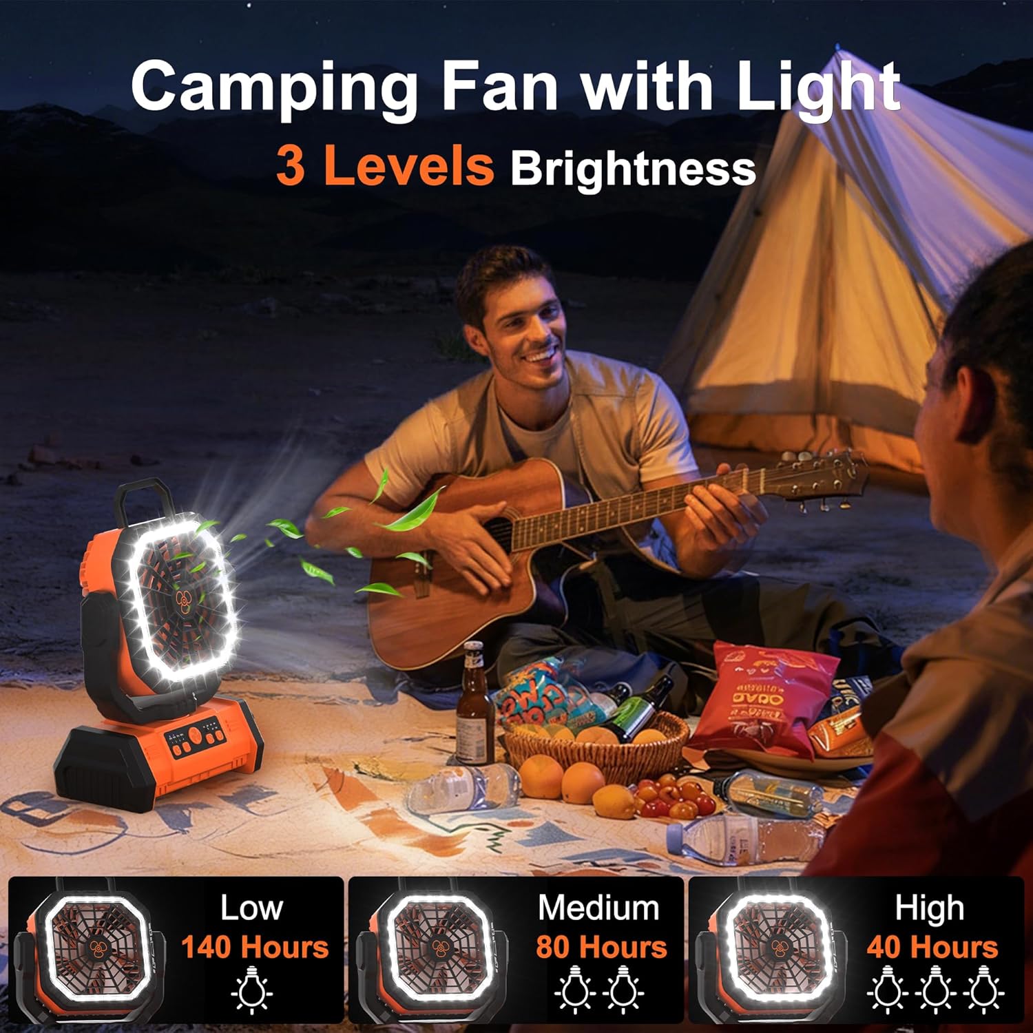 Detalle de Honesorn Portable Rechargeable Fan 20000mAh with LED Light, Remote, and USB-C Power — Orange