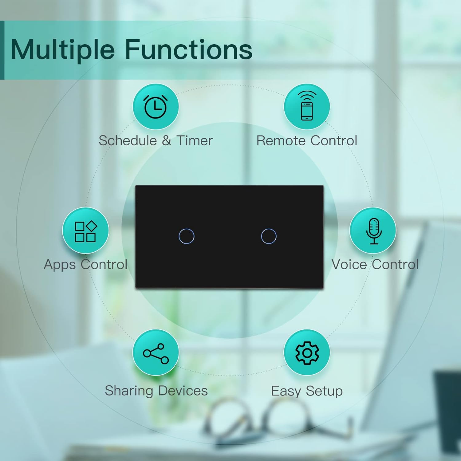 Thumbnail 3 de BSEED Doppelschalter Smart Alexa Lichtschalter aus Glas (WiFi, Touch) – 1 Fach/1 Weg, Neutralleiter erforderlich
