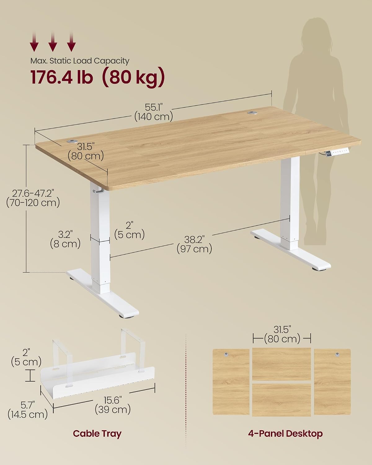 Thumbnail 2 de VASAGLE Electric Standing Desk LSD144YA03: 140 x 80 cm, USB-C, Cable Tray, Golden Oak