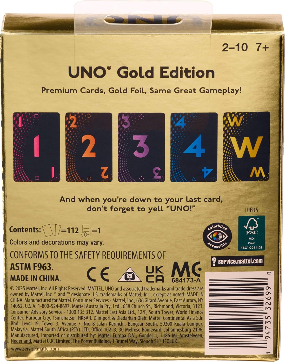 Detalle de マテルゲーム UNO GOLD EDITION JHB35 ゴールド仕様カードゲーム 112枚・2~10人用