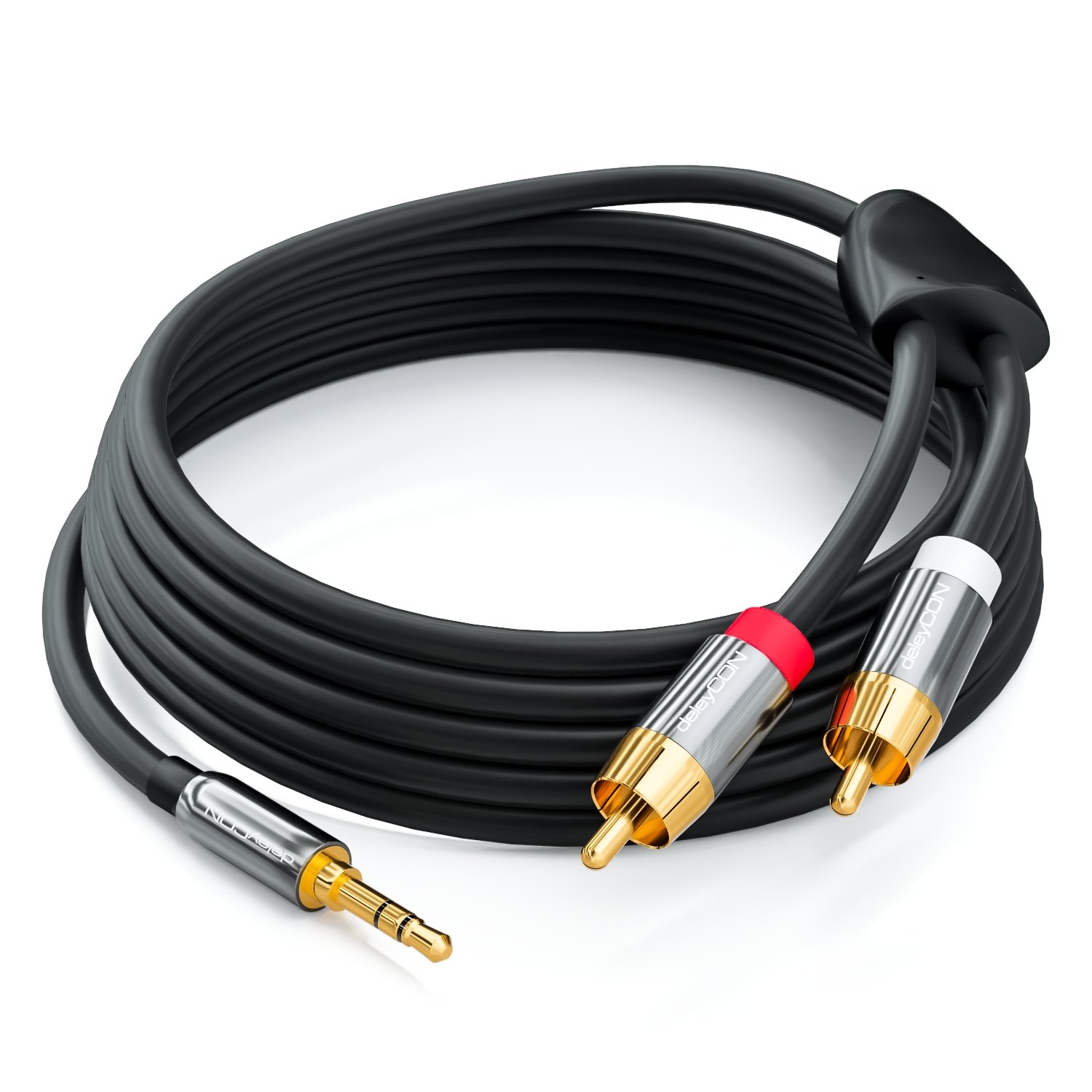 Thumbnail 3 de deleyCON 5m Klinkenkabel Cinch-Kabel – 3,5 mm Klinke zu Cinch RCA, 1x Klinkenstecker auf 2x RCA, Metallstecker, Schwarz