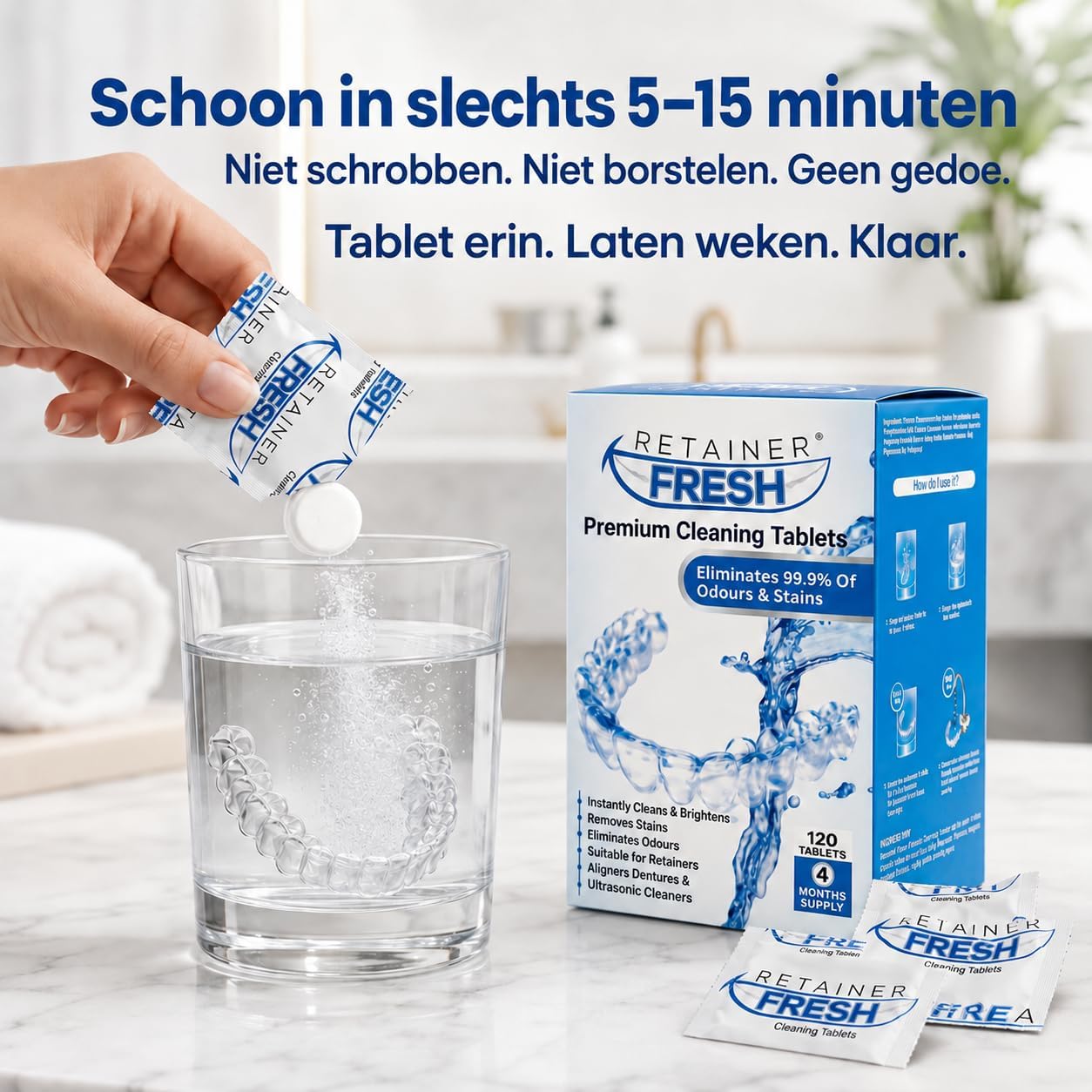 Detalle de Retainer Fresh 120tablets reinigingstabletten voor beugels, 120 stuks met muntgeur