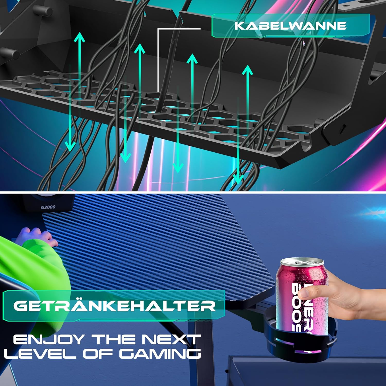 Thumbnail 6 de KESSER® Gaming Tisch 160 x 60 cm (Z-Form) mit Getränkehalter, Kopfhörerhaken & Kohlebeschichtung