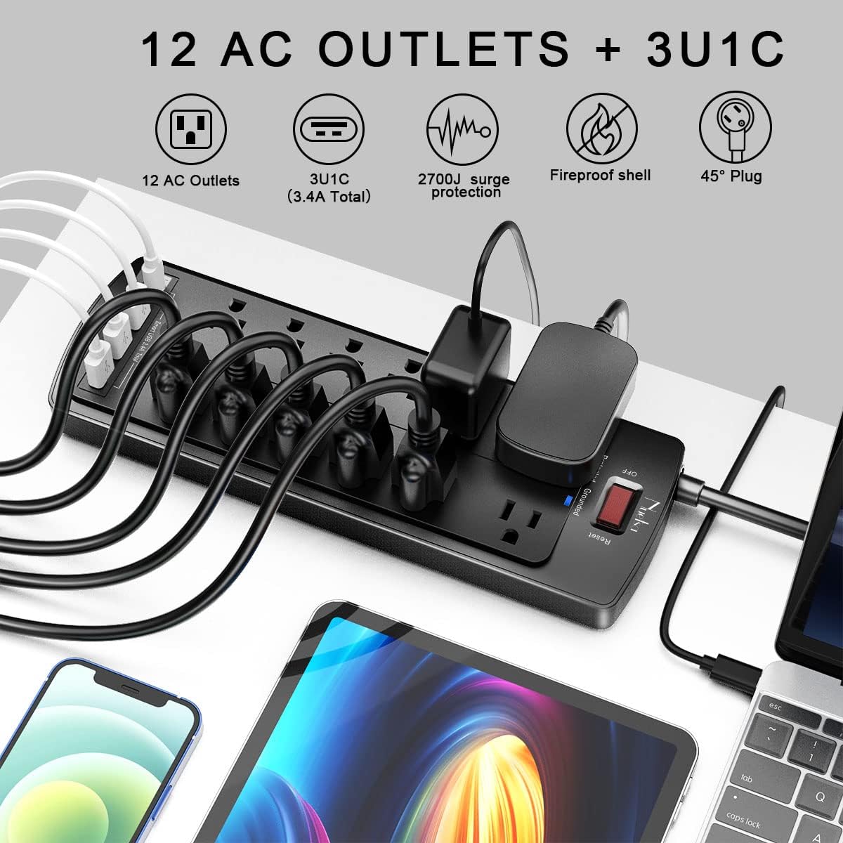 Detalle de Nuetsa PS951B Surge Protector Power Strip, 12 Outlets, 4 USB Ports