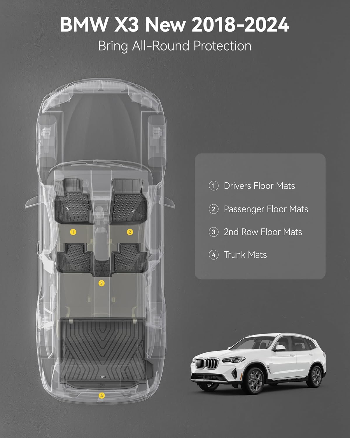 Thumbnail 2 de 3W 2018-2024 BMW X3 Floor Mats & Cargo Liner (G01) — All-Weather TPE, Custom-Fit 6-Piece Set