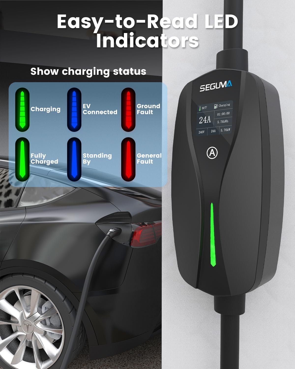 Thumbnail 4 de SEGUMA Level 2 Tesla Charger-24A 240V with NEMA 14-30, 25ft Extension Cable